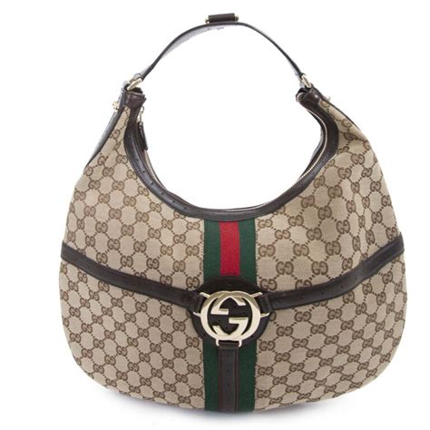 GUCCI Canvas Web GG Reins Hobo Brown 